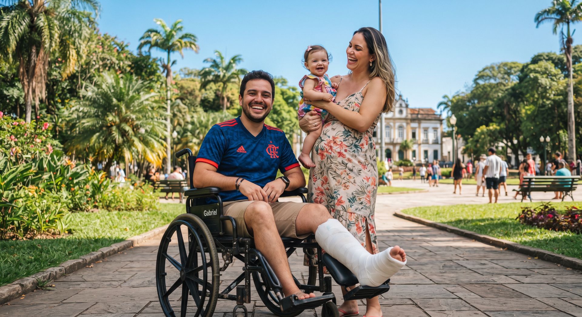 Homem sorrindo em cadeira de rodas, com a perna engessada, ao lado da esposa que segura a filha no colo, em uma praça arborizada.